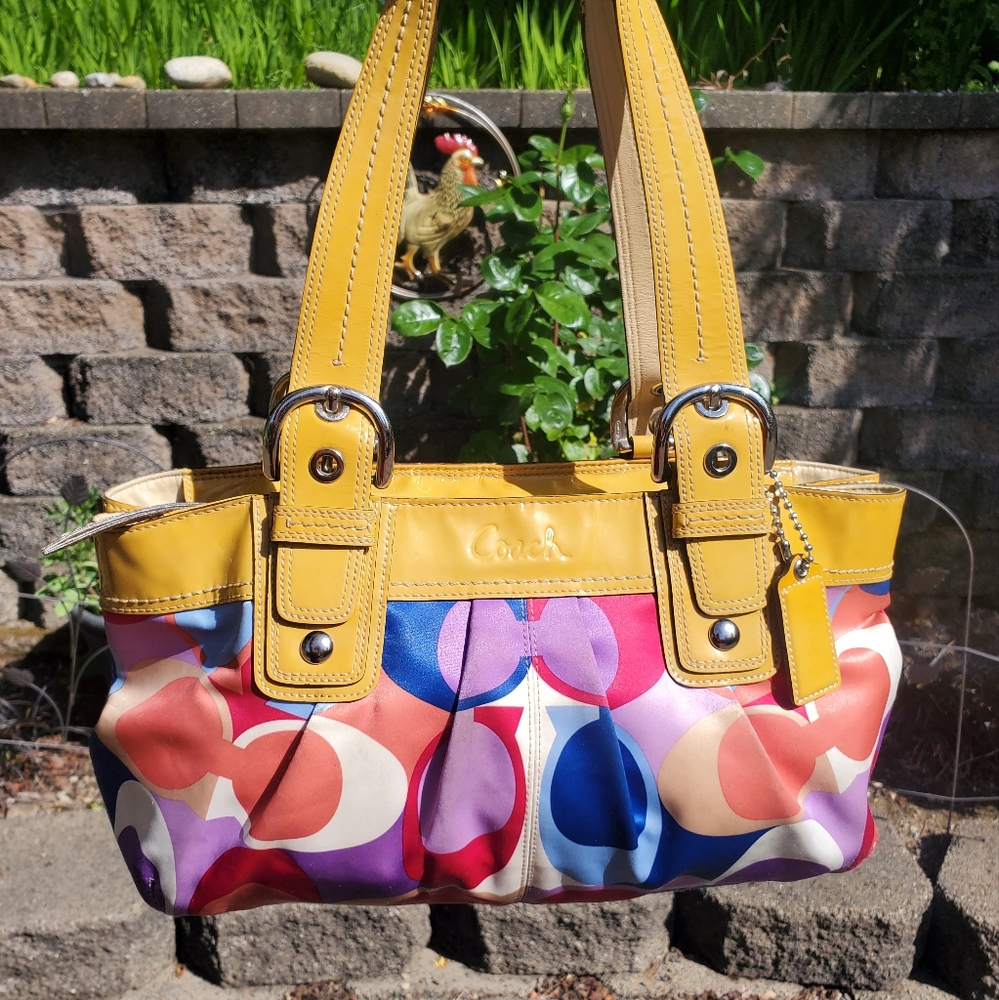 Coach Soho colorful pleated sateen with yellow patent leather